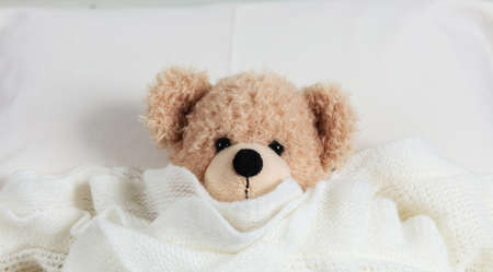 Kids bedtime. Cute teddy covered with a warm blanket, resting in bedの写真素材