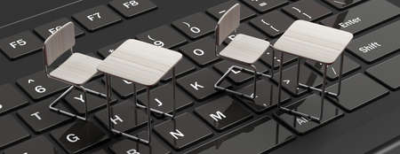 E learning, webinar concept. White desks on a black laptop computer keyboard, banner, 3d illustration.の写真素材