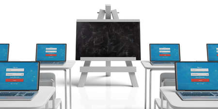 Seminar concept. Empty classroom with desks and laptops and blackboard on easel against white background, 3d illustration.の写真素材