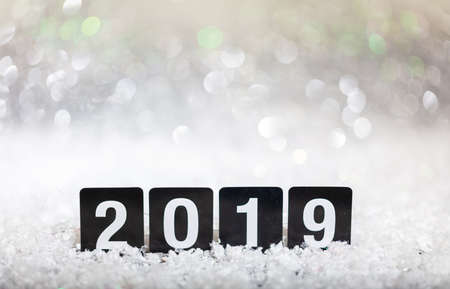 2019, new year on snow, abstract bokeh lights background, copy spaceの写真素材