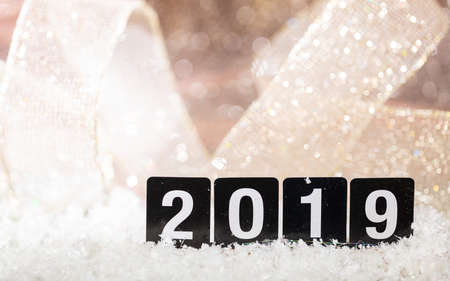 2019, new year on snow, abstract bokeh lights background, copy spaceの写真素材