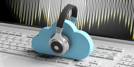 Cloud computing music storage. Blue clouds and headphones on computer keyboard background. 3d illustrationの写真素材