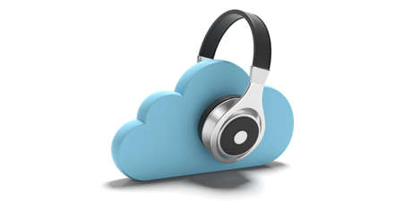 Cloud computing music storage. Blue clouds and headphones isolated on white background. 3d illustrationの写真素材