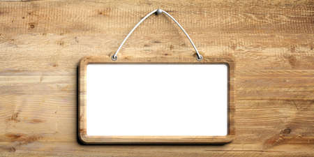 Blank sign with wooden frame hanging on wood wall background, space for text. 3d illustrationの写真素材