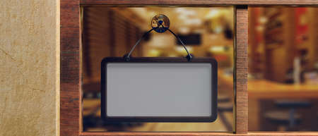 Blank sign with wooden frame hanging on glass storefront, space for text, banner. 3d illustrationの写真素材