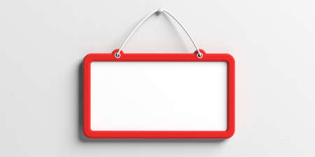 Blank sign with red frame hanging on white wall background, space for text. 3d illustrationの写真素材