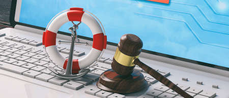 Online sea of the law concept. Lifebuoy, navy ship anchor and justice gavel on computer laptop keyboard, banner. 3d illustrationの写真素材