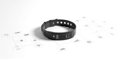 Fitness and technology, healthy lifestyle. Fitness tracker, smart watch, black, isolated on white...