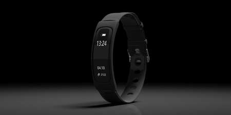 Fitness and technology, healthy lifestyle. Fitness tracker, smart watch, black, on black background, copy space. 3d illustrationの写真素材
