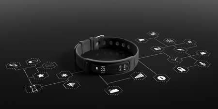 Fitness and technology, healthy lifestyle. Fitness tracker, smart watch, on black background with apps symbols. 3d illustrationの写真素材