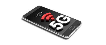 5G High speed network connection. 5th generation new mobile wireless internet on a smartphone, isolated against white background. 3d illustrationの写真素材