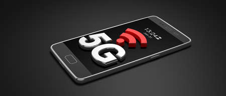5G High speed network connection. 5th generation new mobile wireless internet on a smartphone, isolated against black background. 3d illustrationの写真素材