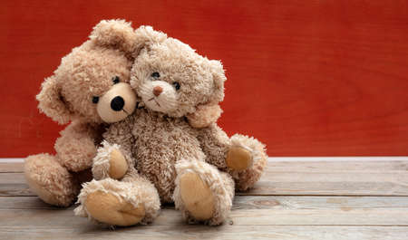 Love, friendship concept, tight hug. Two teddy bears embracing as a couple on wooden floor, red wall background, copy space.の写真素材