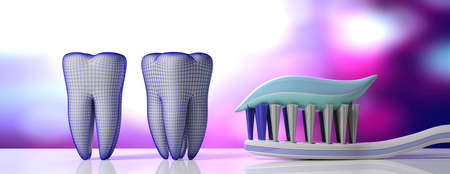 Dental care, hygiene. Tooth paste on a toothbrush, tooth models and protective shield, purple white background, banner. 3d illustrationの写真素材