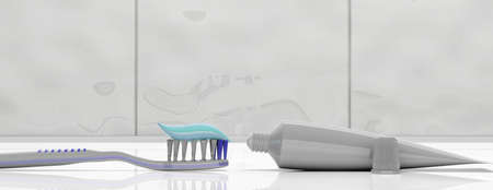 Dental care, hygiene. Tooth paste on a toothbrush and blank toothpaste tube on white background, banner. 3d illustrationの写真素材