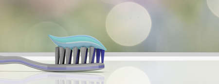 Dental care, hygiene. Tooth paste on a toothbrush, abstract background, banner, closeup view. 3d...