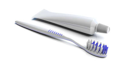 Dental care, hygiene. Toothbrush and blank toothpaste tube mockup isolated on white background. 3d...