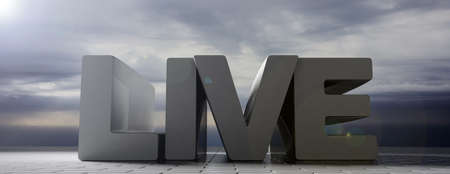 Live sign concept. Live text large letters against cloudy dark sky background, banner. 3d illustrationの写真素材
