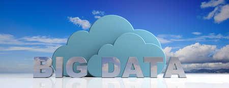 Big Data, internet of things concept. Big data text and  blue clouds on blue sky background, banner. 3d illustrationの写真素材