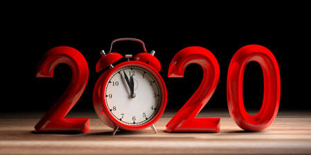 2020. New year eve, red digits and alarm clock on wooden desk, black background. 3d illustration