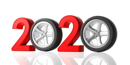 2020 and car. New year 2020 with car wheel isolated on white background. 3d illustrationの写真素材