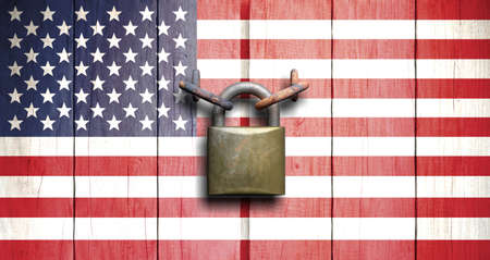 US government shutdown. US flag on wooden door closed with padlock. 3d illustrationの写真素材