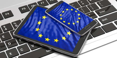 European Union parliament online voting election. Electronic devices with EU flag screen. 3d illustrationの写真素材