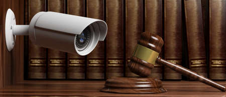 Crime, judge and security. Surveillance camera CCTV on blur lawyer office background. 3d illustrationの写真素材