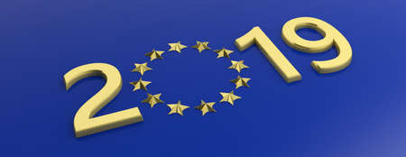 European Union parliament 2019 election. Gold 2019 number and a golden stars circle on blue...