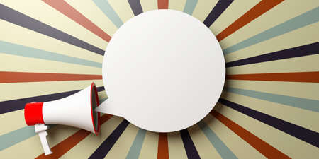 Megaphone empty bubble. Bullhorn and blank bubble on circus retro background, copy space. 3d illustrationの写真素材