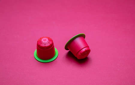 Coffee capsules compostable. Espresso pods, eco friendly, aluminum free with green ring on red...