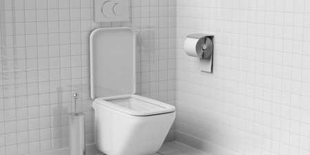 WC, restroom. White toilet bowl and accessories on tiled wall and floor background, 3d illustration