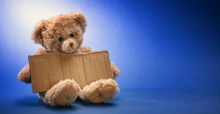 Poor homeless child begging. Teddy bear sad, holding a blank cardboard sign, sitting in blue background, copy spaceの写真素材