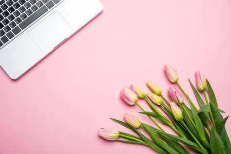 Mothers day, spring concept. Pink tulips bouquet and computer laptop on pink pastel background, top view, copy spaceの写真素材