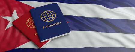 Travelling to Cuba, immigration or tourism. Two passports on Cuban flag background, banner, copy space. 3d illustrationの写真素材