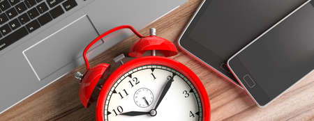 Time management concept. Devices and alarm clock on wood, banner, close up top view. 3d illustrationの写真素材