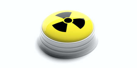 Nuclear threat. Yellow button with radiation warning symbol isolated on white background. 3d illustrationの写真素材