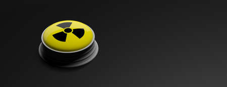 Nuclear threat. Yellow button with radiation warning symbol on black background, banner, copy space. 3d illustrationの写真素材
