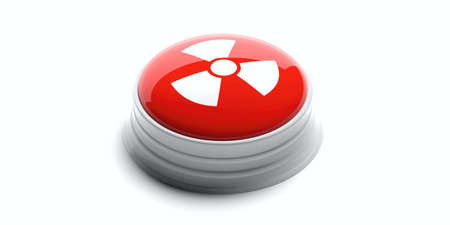 Nuclear threat. Red button with radiation warning symbol isolated on white background. 3d...