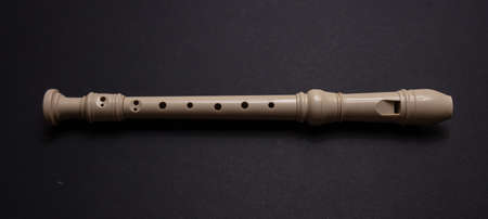 Flute student soprano recorder, woodwind instrument, school orchestra band. Flute isolated on black color background, banner.の写真素材