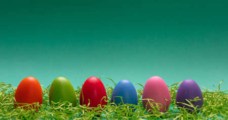 Easter eggs, pastel colors painted, standing in a row, green background, banner