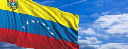Venezuela flag. Venezuelan flag on pole waving on blue sky with clouds background. 3d illustration
