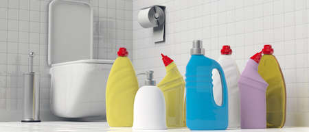 Cleaning supplies. Variety of blank no name plastic bottles with detergents, WC bathroom background,...