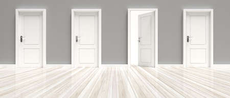 Open interior door and closed doors. Three closed and one open door on grey wall and white wooden floor background, banner. 3d illustrationの写真素材