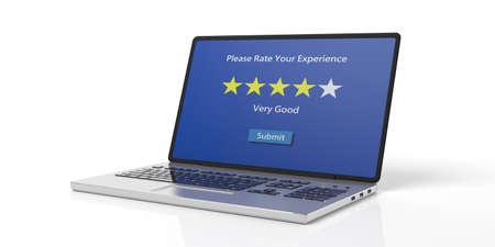 Rating, review. 4 stars, very good text on a computer laptop screen isolated on white background. 3d...
