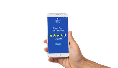 Customers service rating, review. Man hand holding a smartphone, 4 stars, very good text on the...