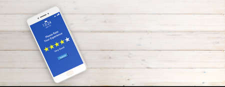 Customers rating, review. 4 stars, very good text on a mobile phone screen, white wooden background, banner, copy space, top view. 3d illustrationの写真素材