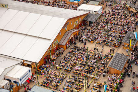 October 7, 2018. Munich, Germany, Oktoberfest, Aerial view of the crowded tables outdoors in the festivalのeditorial素材