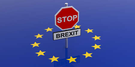 Stop Brexit concept. Red stop sign with text STOP BREXIT on EU flag background. 3d illustrationの写真素材