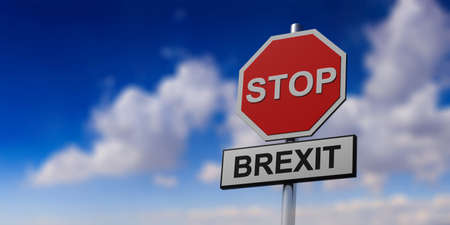 Stop Brexit concept. Red stop sign and text BREXIT against blue sky with clouds background, banner, copy space. 3d illustrationの写真素材